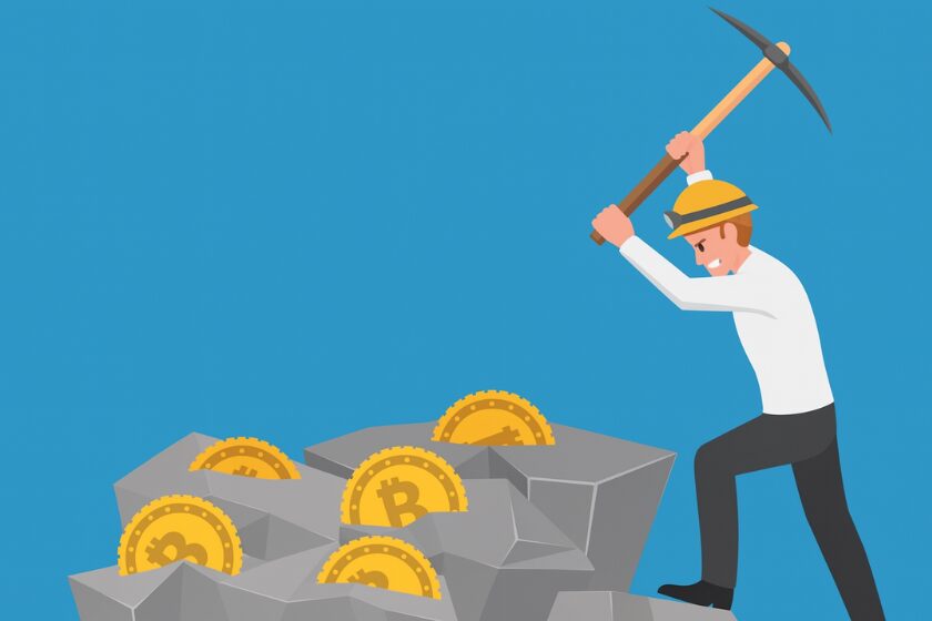 Une personne qui mine une rocher plein de pieces bitcoin pour illustrer le minage de bitcoin