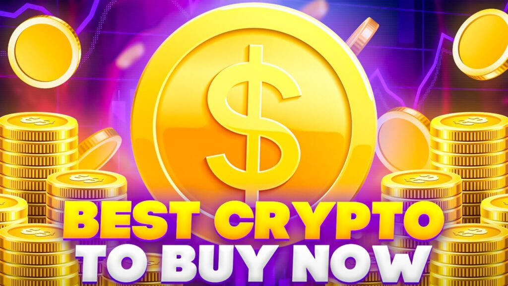 best cryptomonnaie to buy now écrit en jaune et blanc sur un fond avec plein de tokens dollars et un gros token au centre