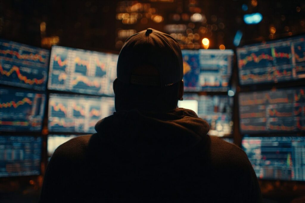 fraudeur crypto fond sombre multi ecrans 