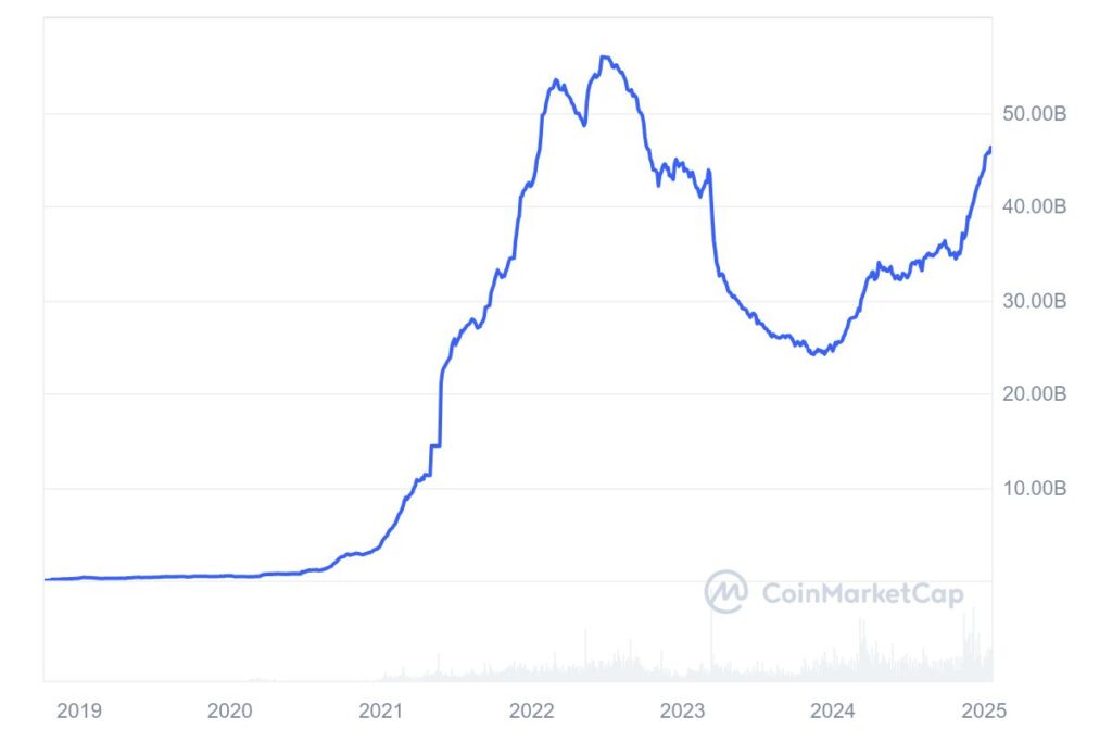 La capitalisation boursière de l'USDC en 2025 s'eleve à 46,25 milliards de dollars.