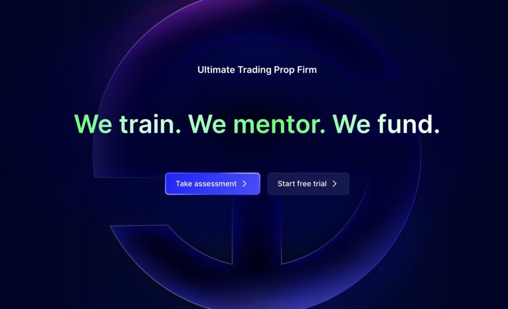 Page d'acceuil de la propfirm SabioTrade avec un fond sombre et le slogan "we train. we mentor. we fund." en vert fluo 