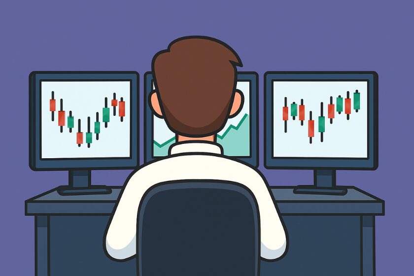 Une personne assise à son bureau qui regarde des écrans avec des graphiques de prix, pour représenter le trading
