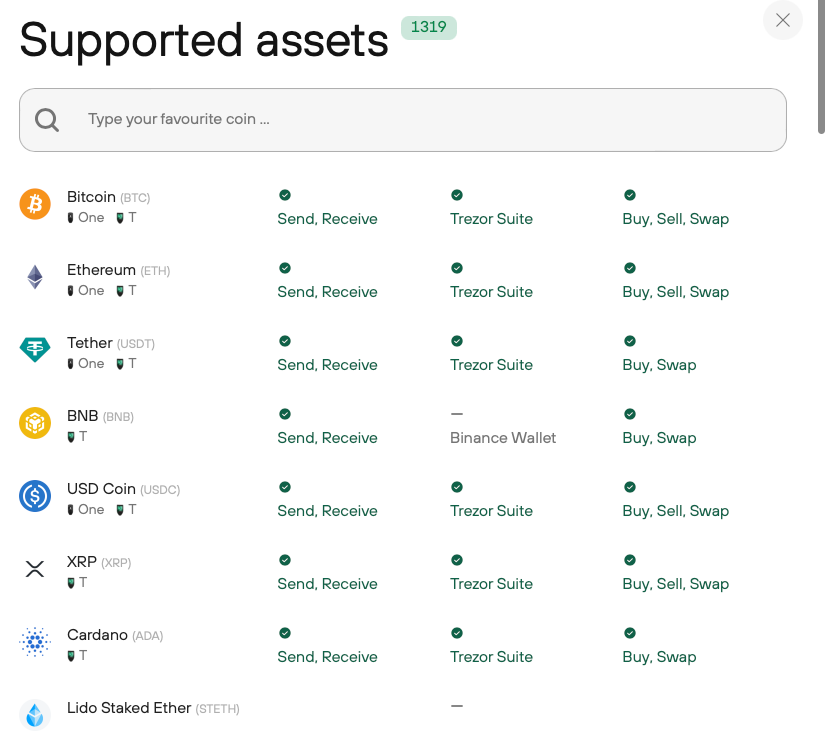 tokens supportés trezor