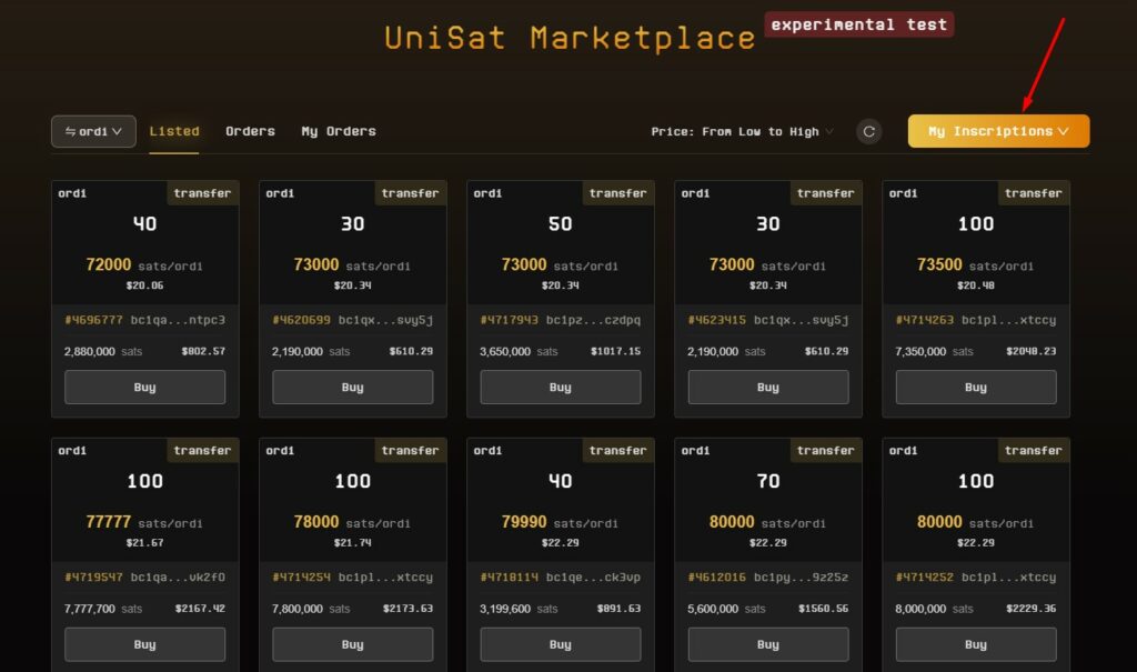 vendre token marketplace unisat