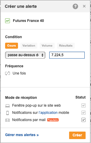 créer une alerte sur investing.com