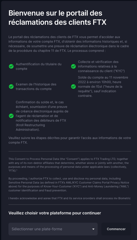 portail ftx claim réclamations argent