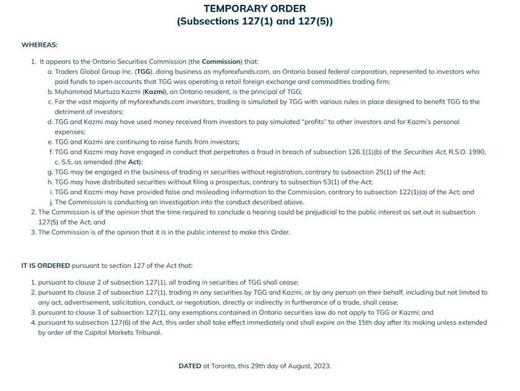 myforexfunds temporary order OSC canada