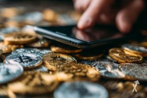 La main d'une personne en train d'utiliser un smartphone avec un écran noir sur des pièces de Bitcoin en or et en argent
