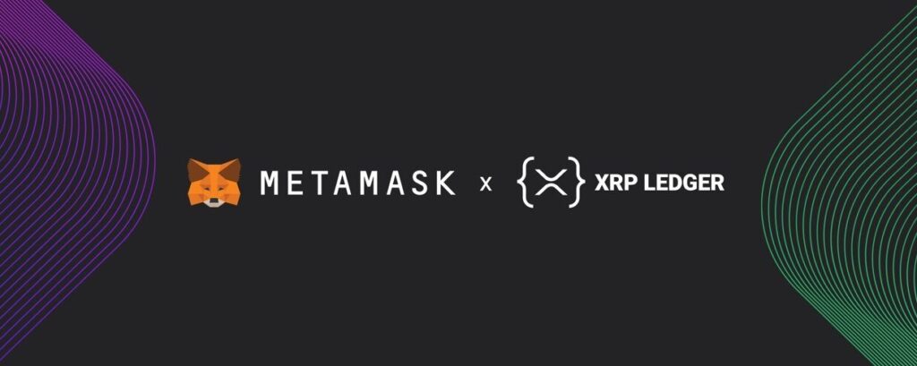 logos de MetaMask et du XRP Ledger sur un fond sombre, reliés par un "x" côté droit vert et gauche violet