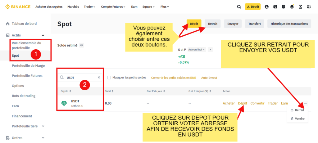 envoyer recevoir usdt binance