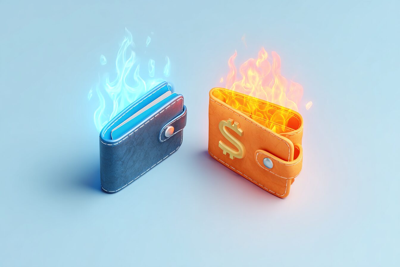illustration bleue colw wallet et hot wallet en feu sur fond bleu