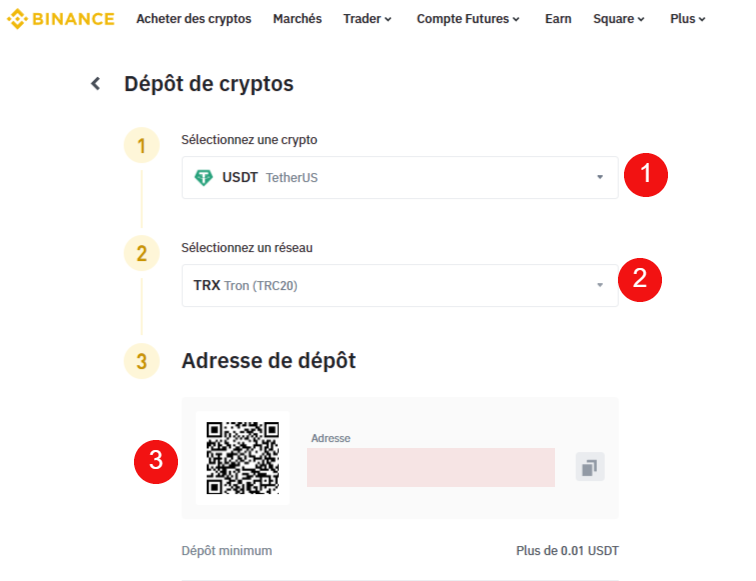 recevoir usdt sur binance