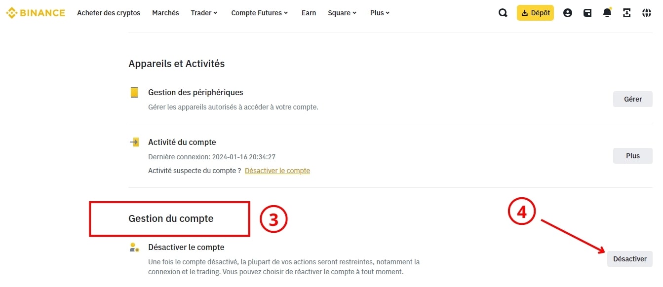 désactiver binance compte guide