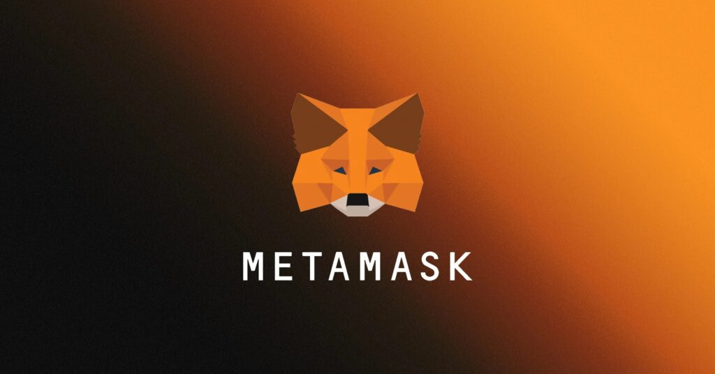Le logo de MetaMask centré sur un fond dégradé du noir au orange