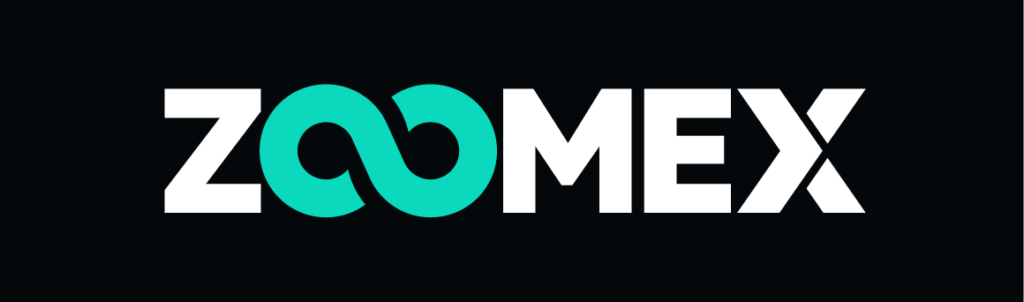 logo blanc et bleu sur fond noir pour notre guide Zoomex Avis