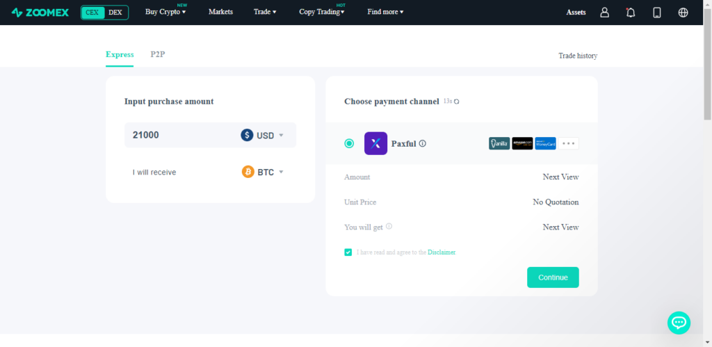 screenshot du payement sur la plateforme Zoomex 
