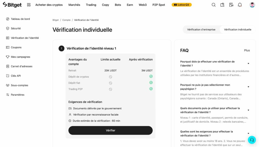 tutoriel vérification d'identité KYC bitget