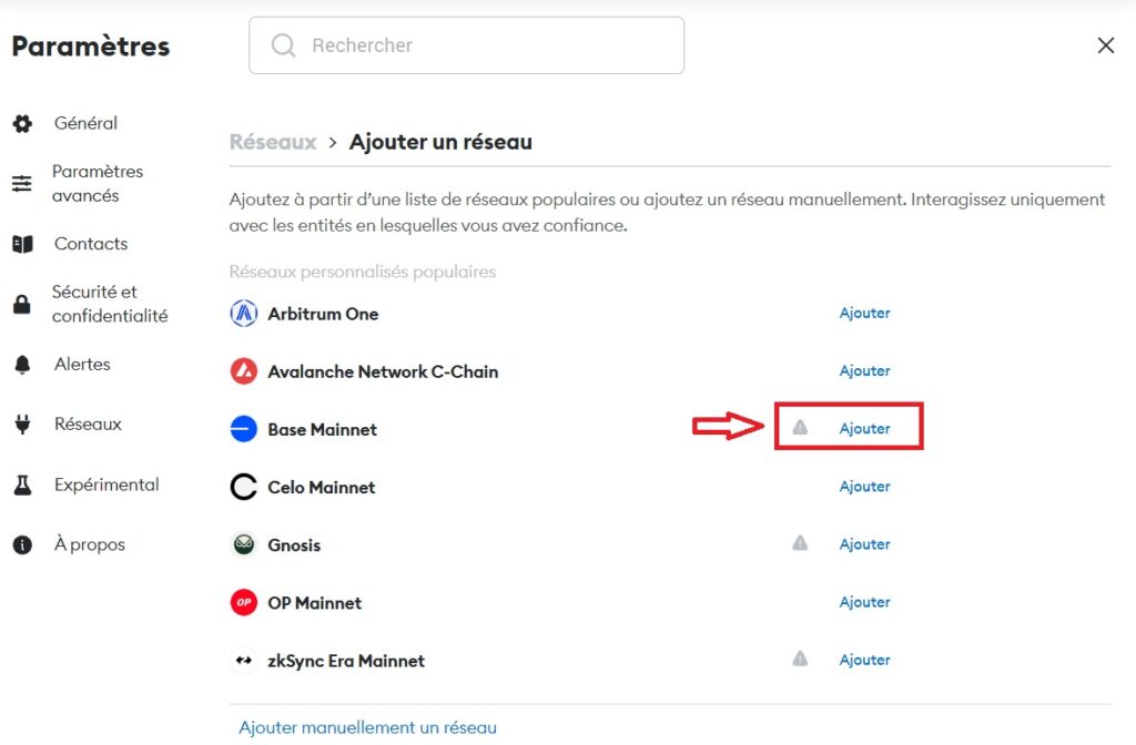 ajout du réseau Base sur MetaMask