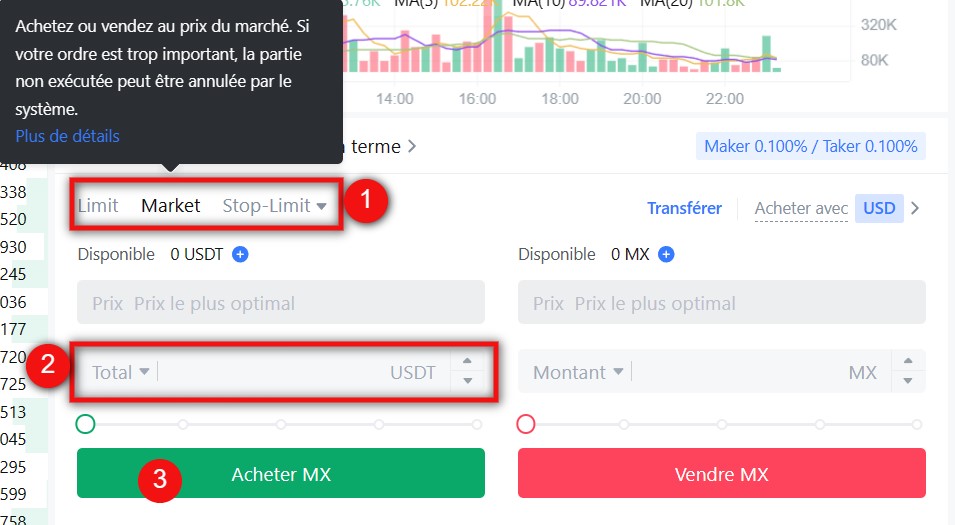 Ordre market achat crypto MX