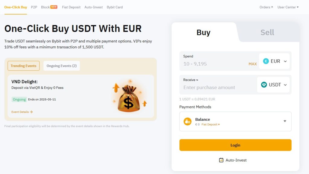 La page pour acheter des cryptos sur Bybit