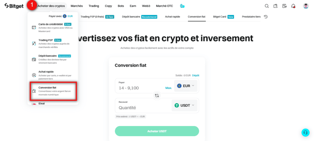Convertir des devises fiat en crypto sur bitget