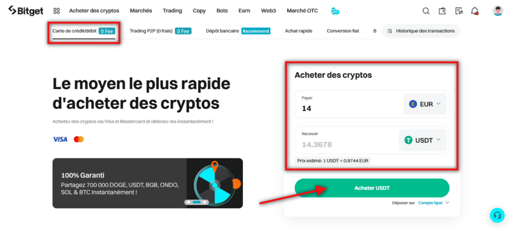 Déposer des fonds par carte sur bitget
