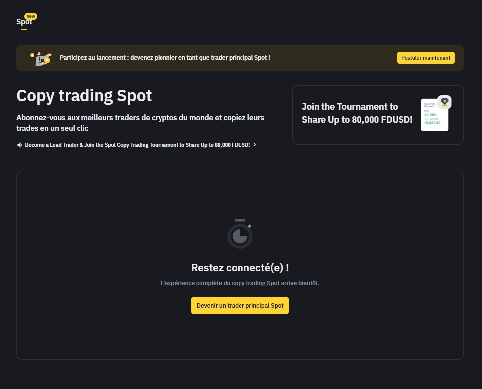 Page de l'interface de copy trading spot de binance avec une description et un bouton pour devenir un trader à copier