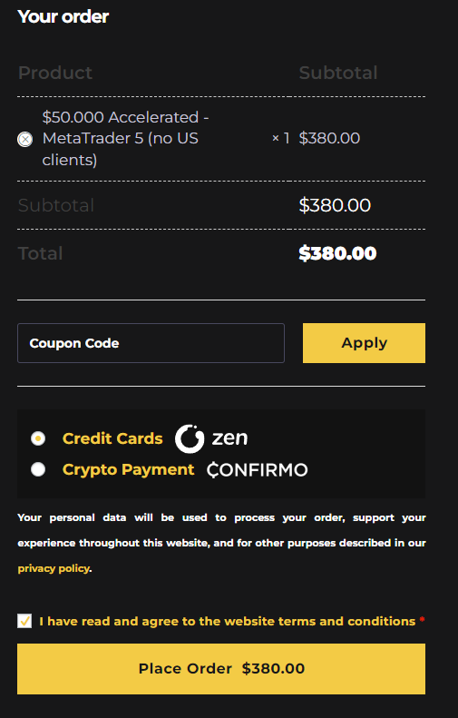 Frais d'inscription challenge Crypto Fund Trader