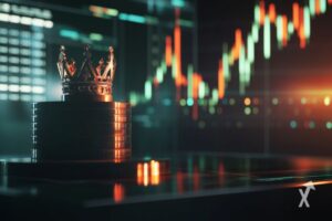 Une couronne sur un podium devant un graphique de trading