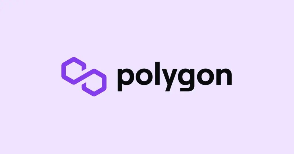 Une image avec un fond rose, le logo de Polygon en violet et le nom Polygon en noir