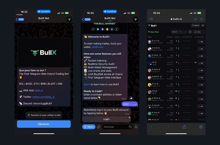 Captures d'écran de BullX sur Telegram
