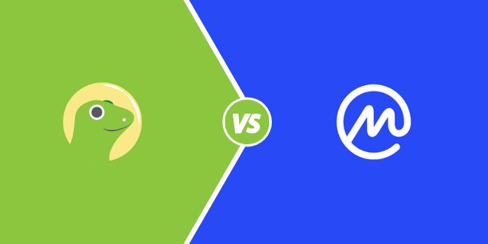 Logo coingecko en vert et jaune sur la gauche et à droite le logo de coinmarketcap bleu et blanc, vs sur le milieu.