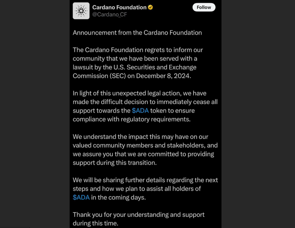 Annonce de la Cardano Foundation sur X : cessation du support ADA suite à la SEC