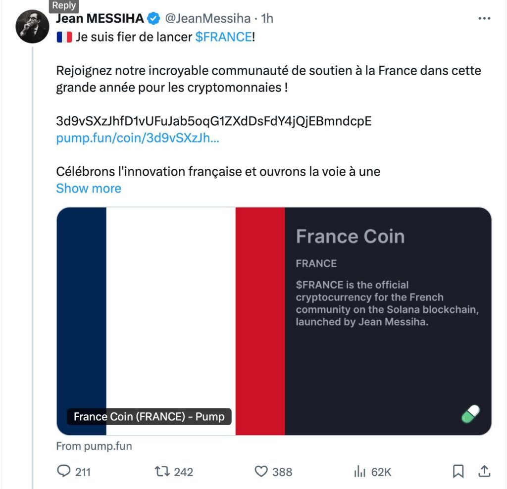 tweet jean messiah france memecoin
