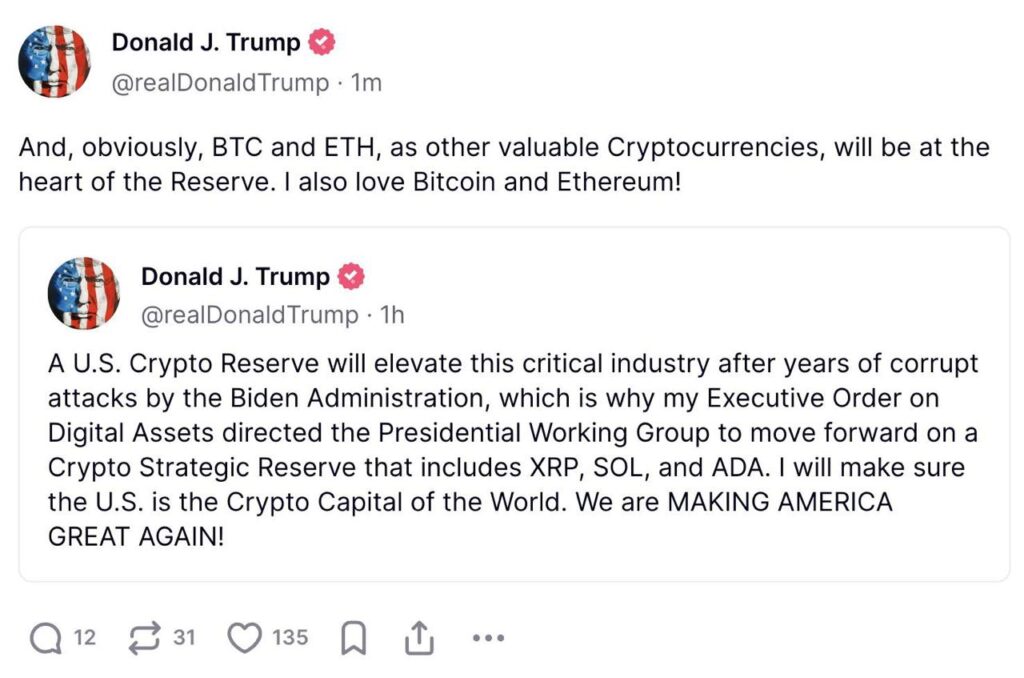 Donald J Trump annonce reserve strategique cryptomonnaies