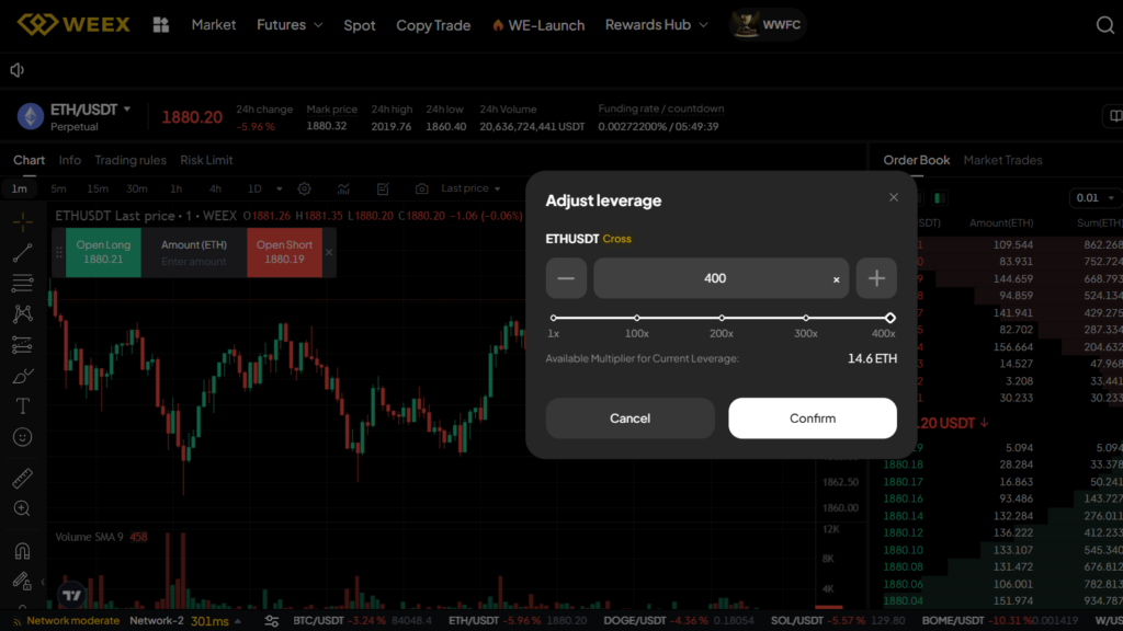 Effet de levier jusqu'à x400 sur Weex