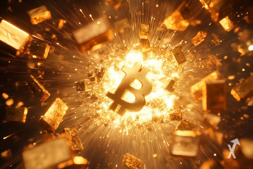 Le logo Bitcoin autour de lingots d'or