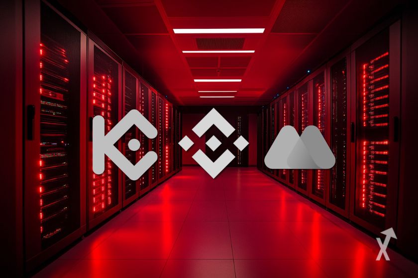 Les logos KuCoin, Binance et MEXC sur un fond rouge