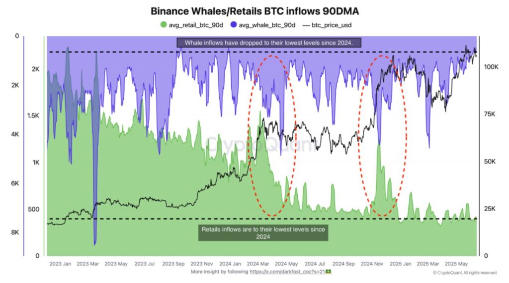 graphique des baleines/retails inflows sur Binance