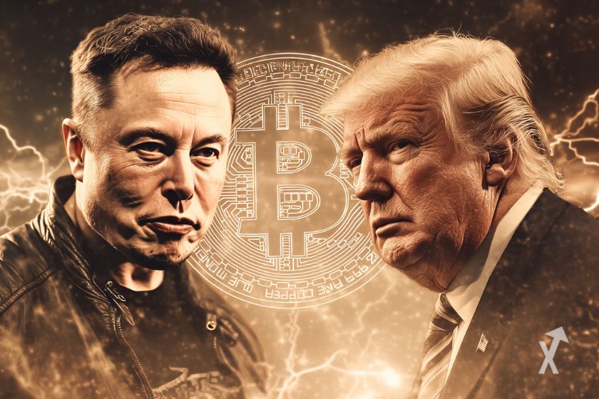 Elon Musk, Donald Trump et logo Bitcoin