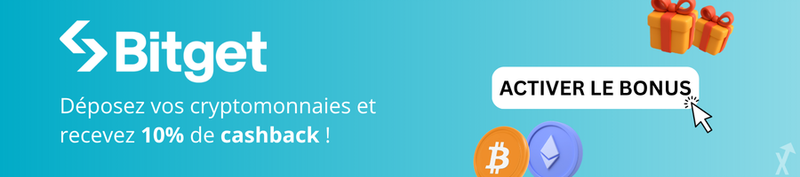 Banniere Bitget avec le bonus de 10% de cashback sur fond bleu et un bouton "activer le bonus" entouré par des cadeaux et deux tokens