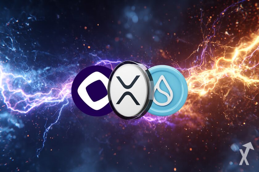 sui monad xrp coins electricity around colorful scene