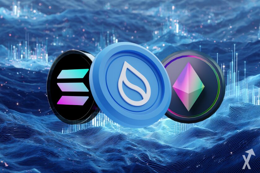 SUI Ethereum ETH SOLANA SOL coins in blue crypto waves