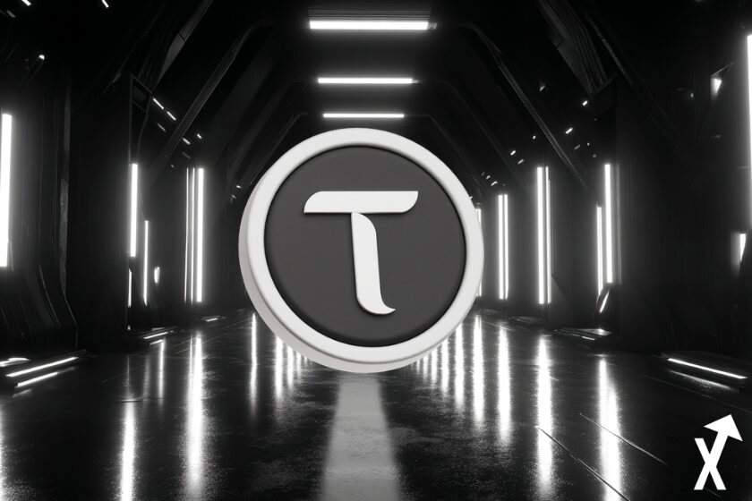 TAO COIN bittensor noir et blanc sur fond futuriste noir blanc crypto
