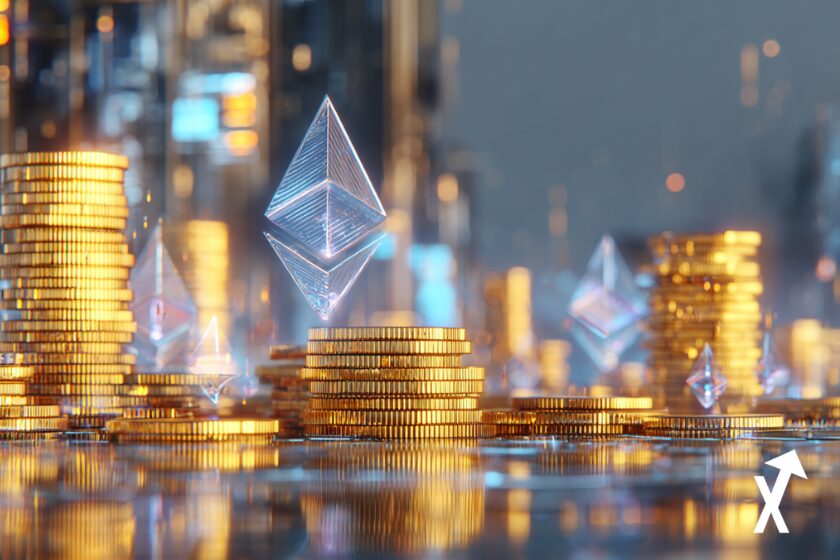 ethereum eth glowing neon blue lot of cash staking sur fond bleu