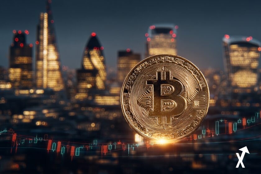 BlackRock launching Bitcoin ETP on London Stock Exchange, glowing Bitcoin coin, financial charts and trading screens, London skyline in the background, futuristic