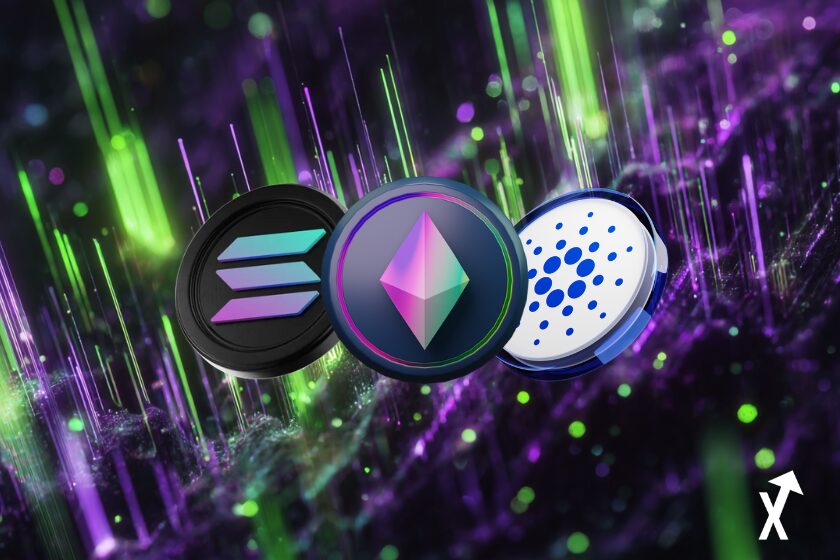 ethereum solana cardano coins cryptos universe, glowing on a green an purple background