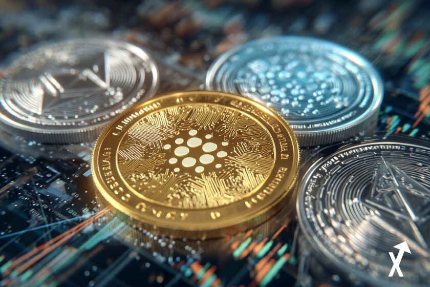 Ethereum, Cardano, and XRP soaring through a futuristic financial skyline, glowing digital coins with blockchain