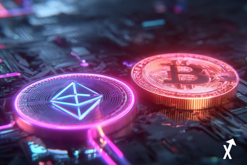A glowing Ethereum and Bitcoin token floating in a futuristic digital landscape, neon lights reflecting crypto