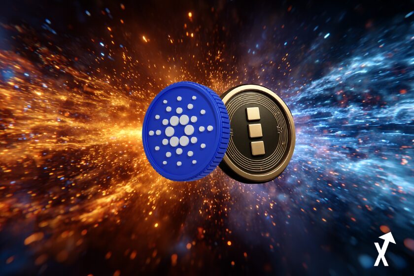 Midnight et Cardano, deux impacts d’énergie colorés entrant en collision dans les airs, éclat lumineux et coloré, ondes d’énergie orange et bleue, éclairage cinématique, symboles blockchain lumineux, atmosphère futuriste